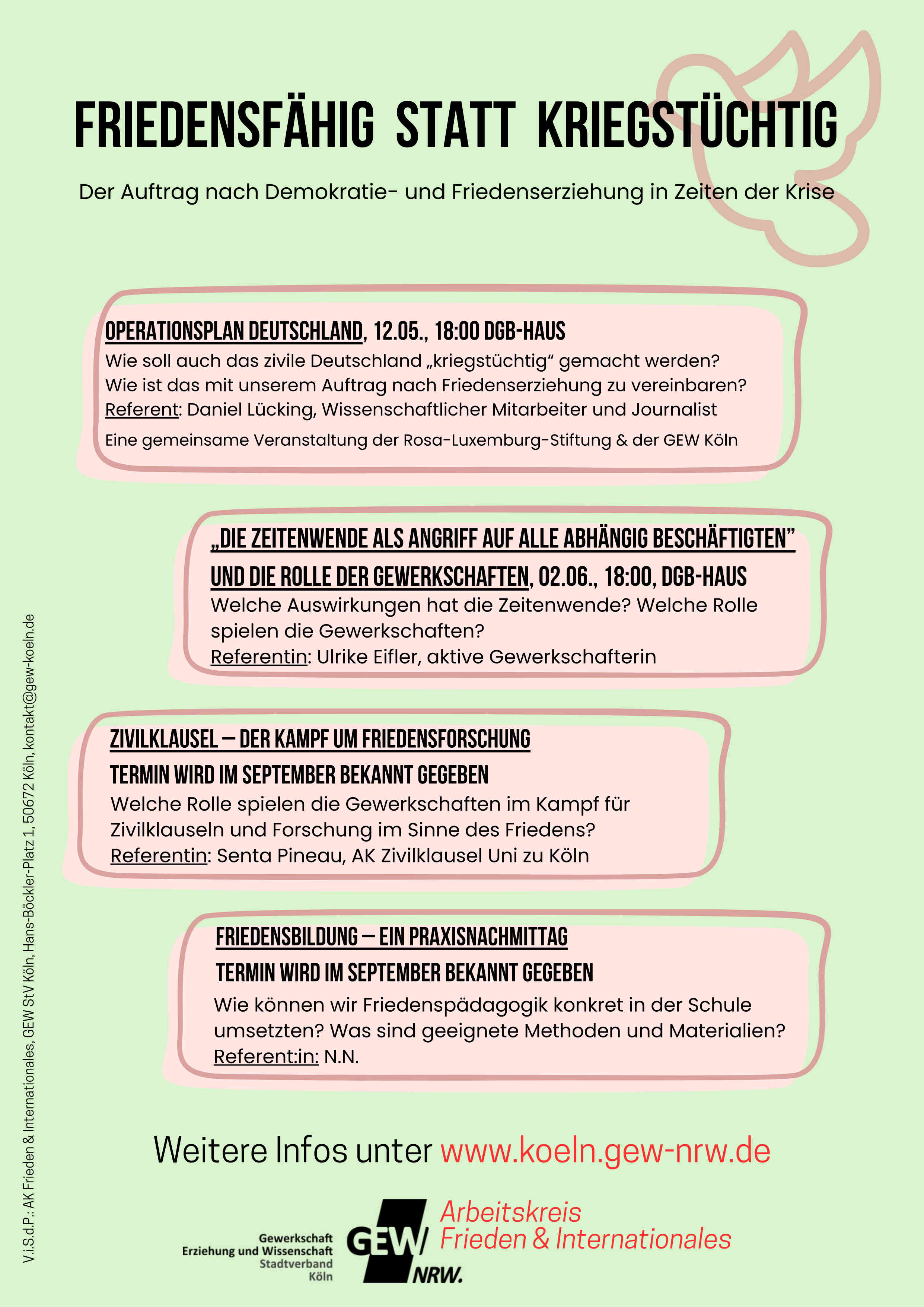 Plakat Veranstalltungsreihe Friedensfähig statt kriegstüchtig