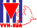 Logo VVN-BdA: Blaue Streifen, roter Winkel, Friedenstaube.