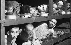 Ausgemergelte Gefangene in engen Bretterverschlägen.