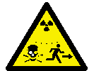 Logo atom raus! Dreieck in gelb mit Radioaktivitätssymbol, Totenkopf und Flüchtenden.