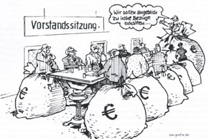 Karikatur: Vorstandssitzung. Vorstand sitzt auf Geldsäcken.