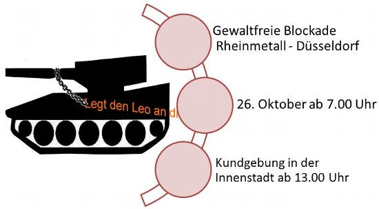 Zeichnung. Stilisierter Panzer mit Hundekette »Legt den Leo an die …«. Daneben große stilisierte Kette, an den Gliedern: »Gewaltfreie Blockade Rheinmetall-Düsseldorf«, »26. Oktober ab 7.00 Uhr« und »Kundgebung in der Innenstadt ab 13.00 Uhr«.