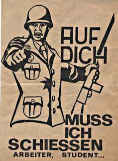 SDAJ-Flugblatt 1967 (Vorderseite). Soldat mit Gewehr, mit dem Finger auf den Betrachter zeigend: »Auf dich muss ich schießen, Arbeiter, Student …«.