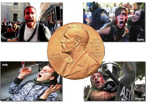 Fotomontage: Vier Bilder von Verletzten bei Demos in Portugal, Spanien, Italien, Griechenland; darüber eine Medaille von Alfred Nobel.