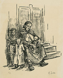 Zeichnung von Heinrich Zille: Mutter mit hungernden Kindern.